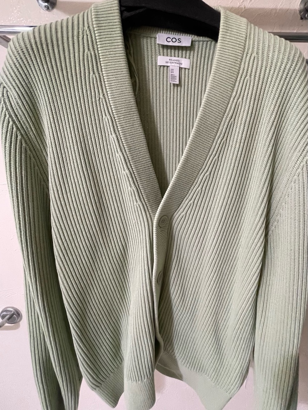 COS Men's Light Green Ribbed V-Neck Cardigan